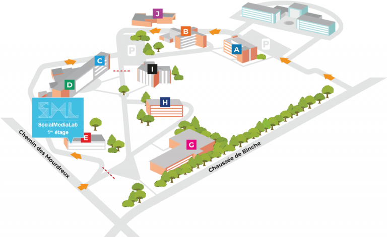 Plan de l'Ucl avec tout les bâtiments et un marqueur pur montrer ou se trouve les locaux de Social Media Lab 